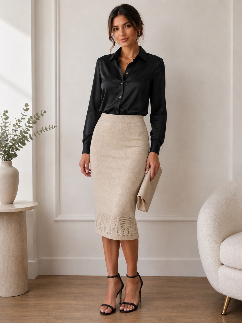 Adrienne Landau Onyx Gold Lurex Knit Midi Pencil Skirt NWT Large